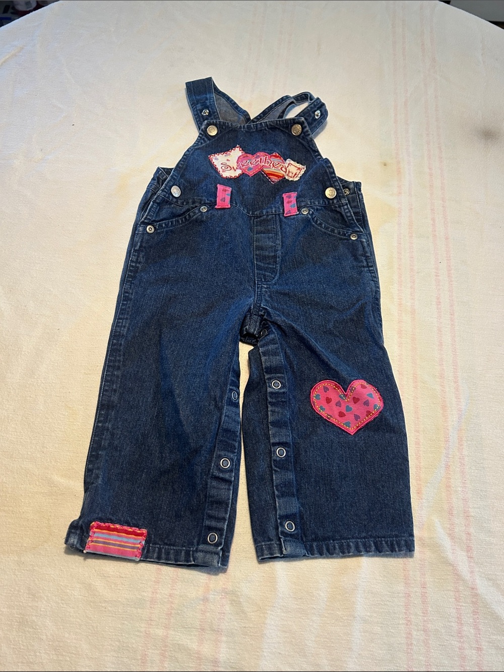 Starting Out Dark Blue Denim One-Piece Overalls with Pink Heart Patch